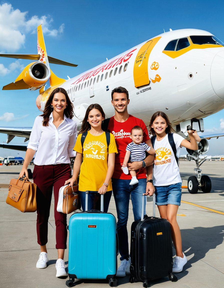A joyful family boarding a Pegasus Airlines airplane with smiles on their faces, surrounded by vibrant travel-themed decor and iconic landmarks in the background. The scene captures the excitement of travel, showcasing happy passengers with luggage and travel essentials, while a Pegasus logo shines brightly on the aircraft. The colors should be bright and inviting, emphasizing a sense of adventure and comfort. super-realistic. vibrant colors. white background.