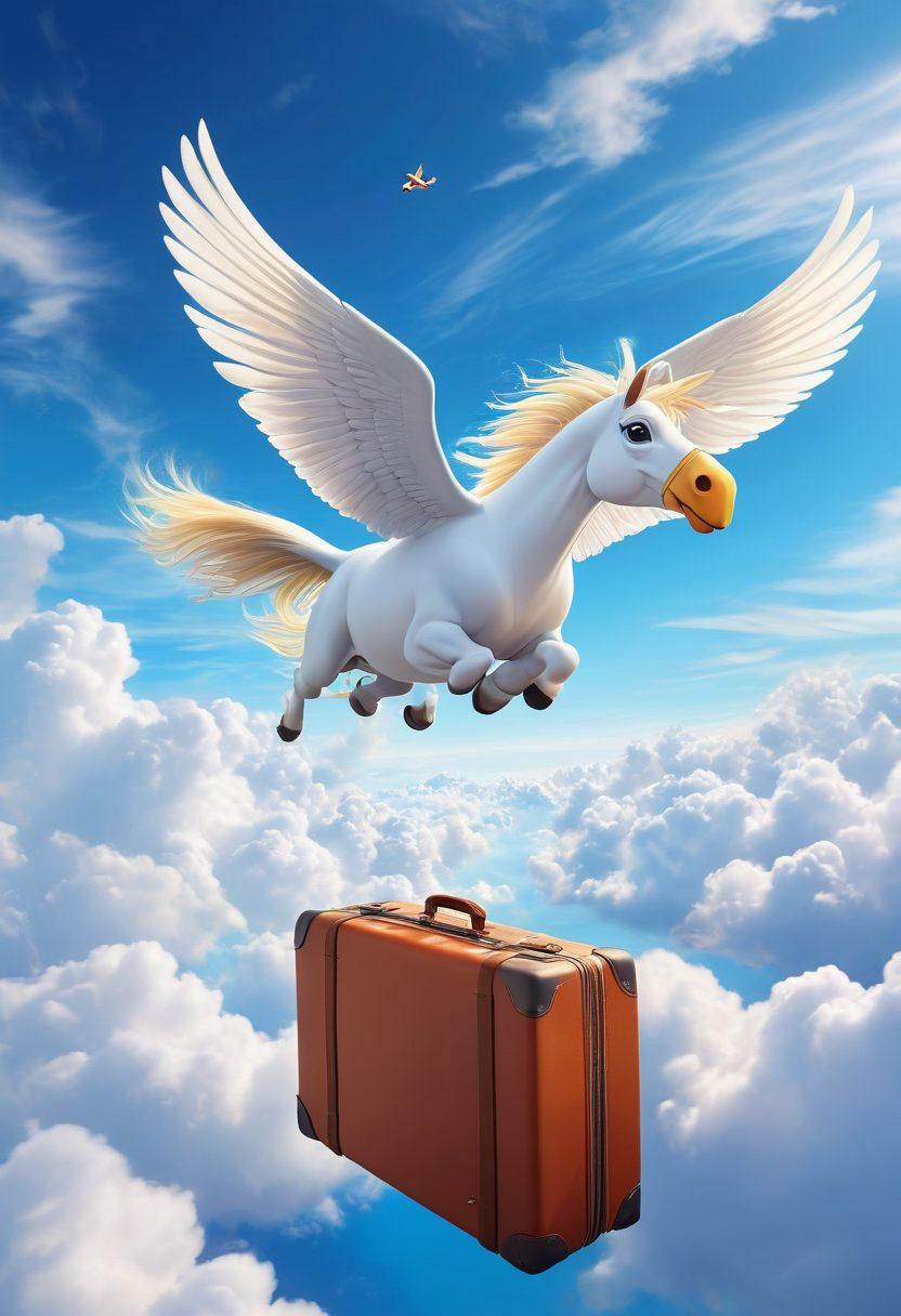A vibrant scene depicting a Pegasus soaring above fluffy clouds, with happy travelers looking out of an airplane window showcasing joyful expressions. The airplane symbolizes modern air travel, while the background features an expansive blue sky and sunlit landscapes below. Include elements like luggage and travel accessories, and colorful birds flying alongside the Pegasus for whimsy. super-realistic. vibrant colors. 3D.