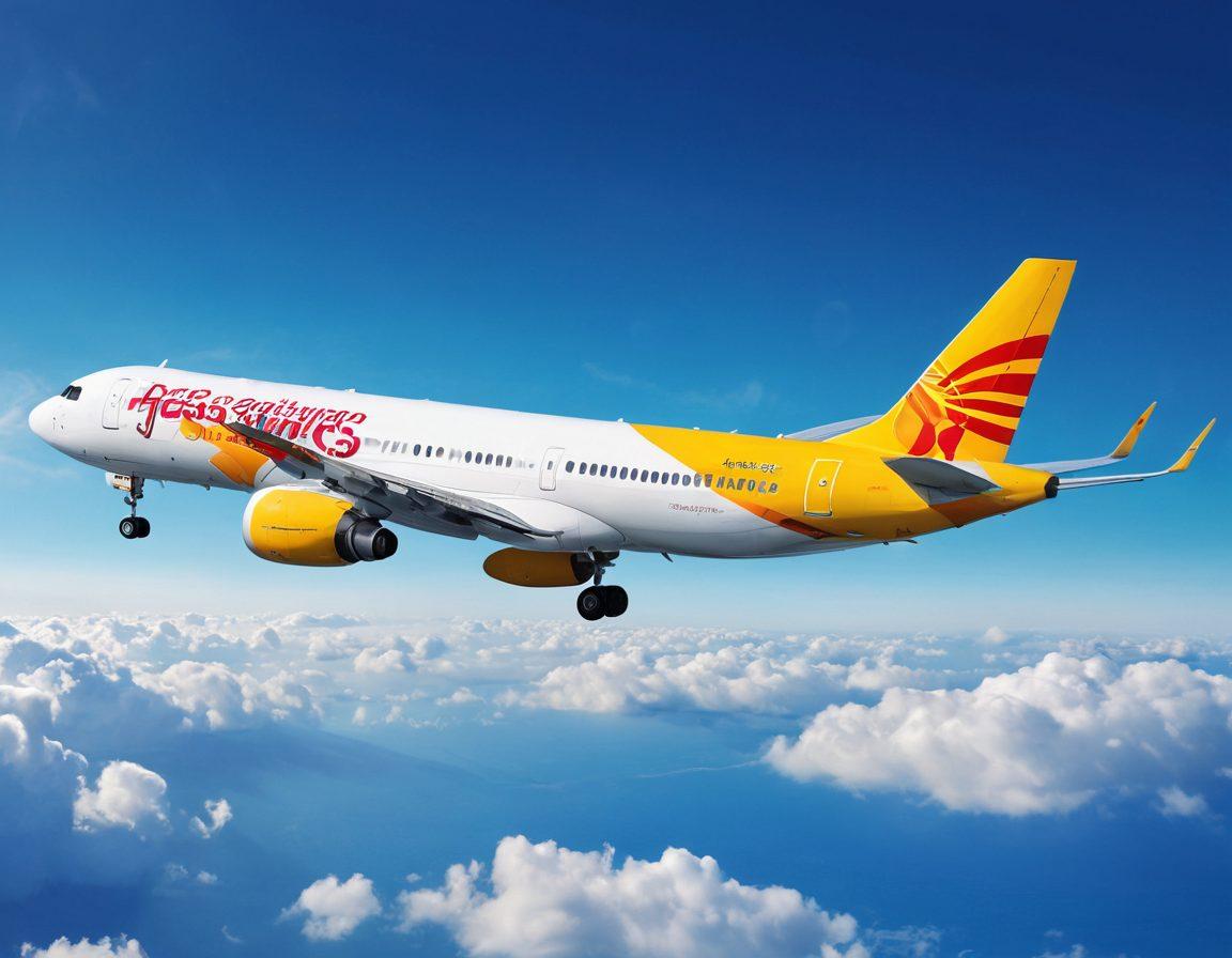 A dynamic scene depicting a Pegasus Airlines airplane soaring through a clear blue sky, symbolizing the journey from booking to arrival. Below, show passengers happily checking in and a friendly flight crew preparing for boarding. Include visual elements representing comprehensive care, like luggage handling, customer service interactions, and in-flight comfort. Use vibrant colors to evoke a sense of excitement and reliability. super-realistic. vivid colors. 3D.